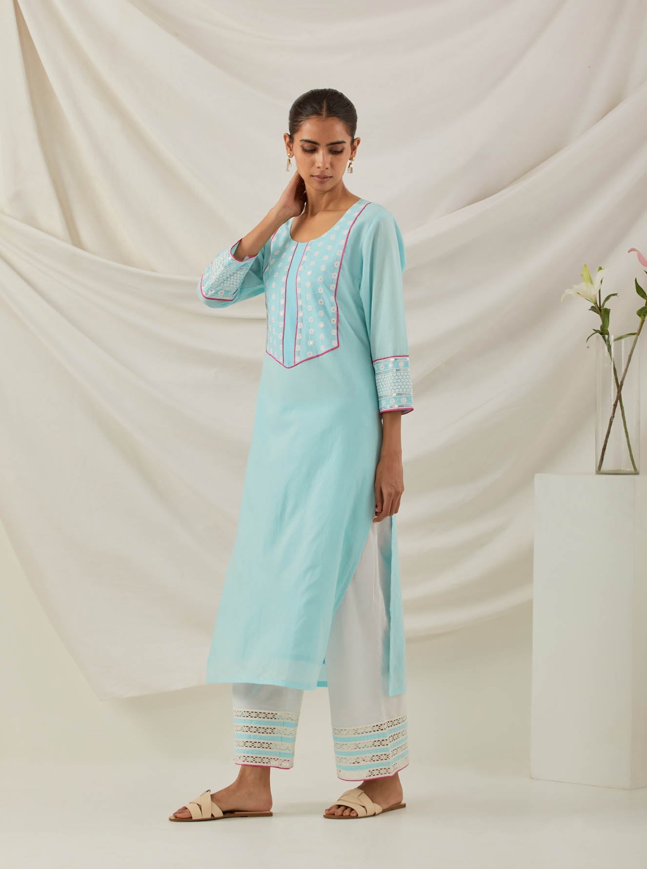 Blue Plain Rooh Straight Kurta With Chikankari Yoke Details and Palazzo with wide lace detail & Dupatta (Set of 3) - The Indian Cause