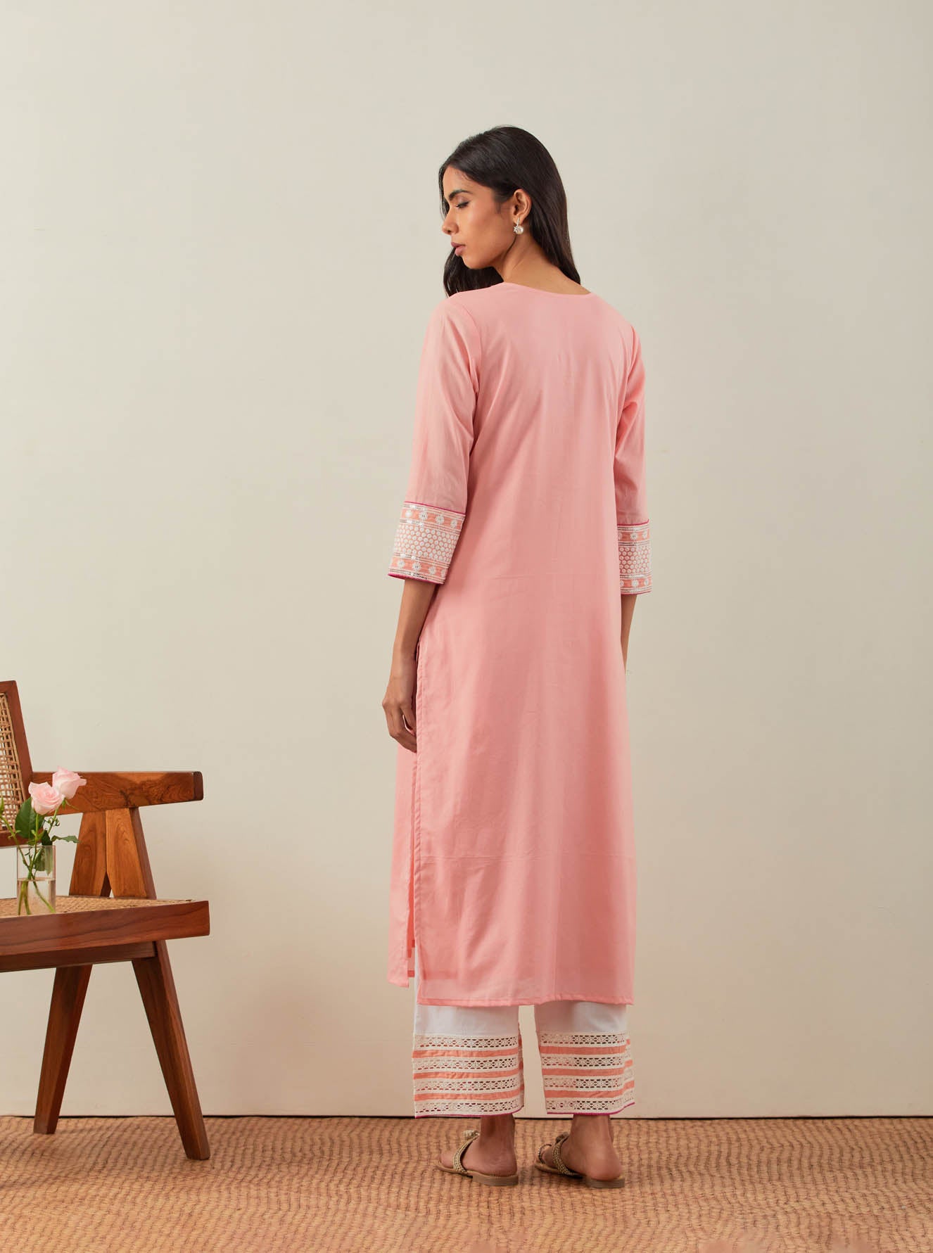 Peach Plain Rooh Straight Kurta With Chikankari Yoke Details and Palazzo with wide lace detail (Set of 2) - The Indian Cause