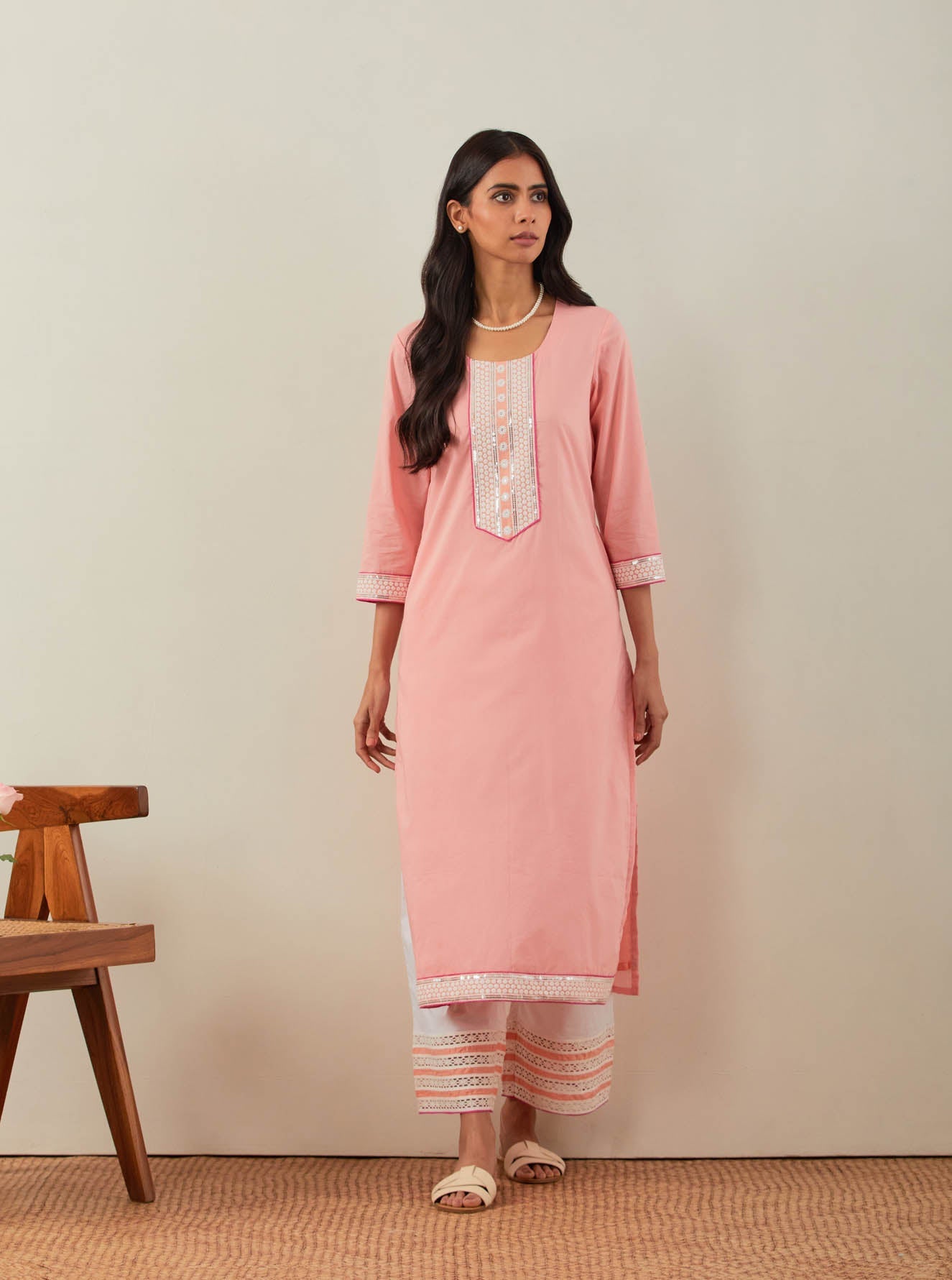 Peach Plain Rozana Straight Kurta With Chikankari Placket and Palazzo with wide lace detail & Dupatta (Set of 3) - The Indian Cause