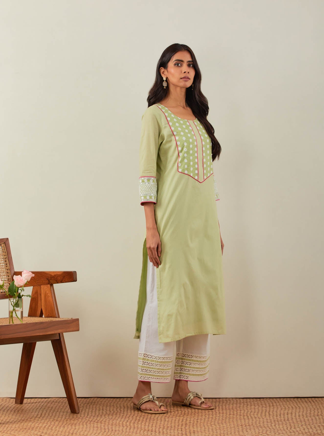 Green Plain Rooh Straight Kurta With Chikankari Yoke Details and Palazzo with wide lace detail & Dupatta (Set of 3) - The Indian Cause