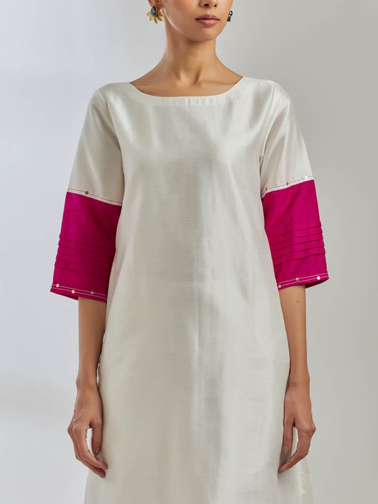 White Raw Silk Jenifer Kurta With White Pant (Set Of 2) - The Indian Cause