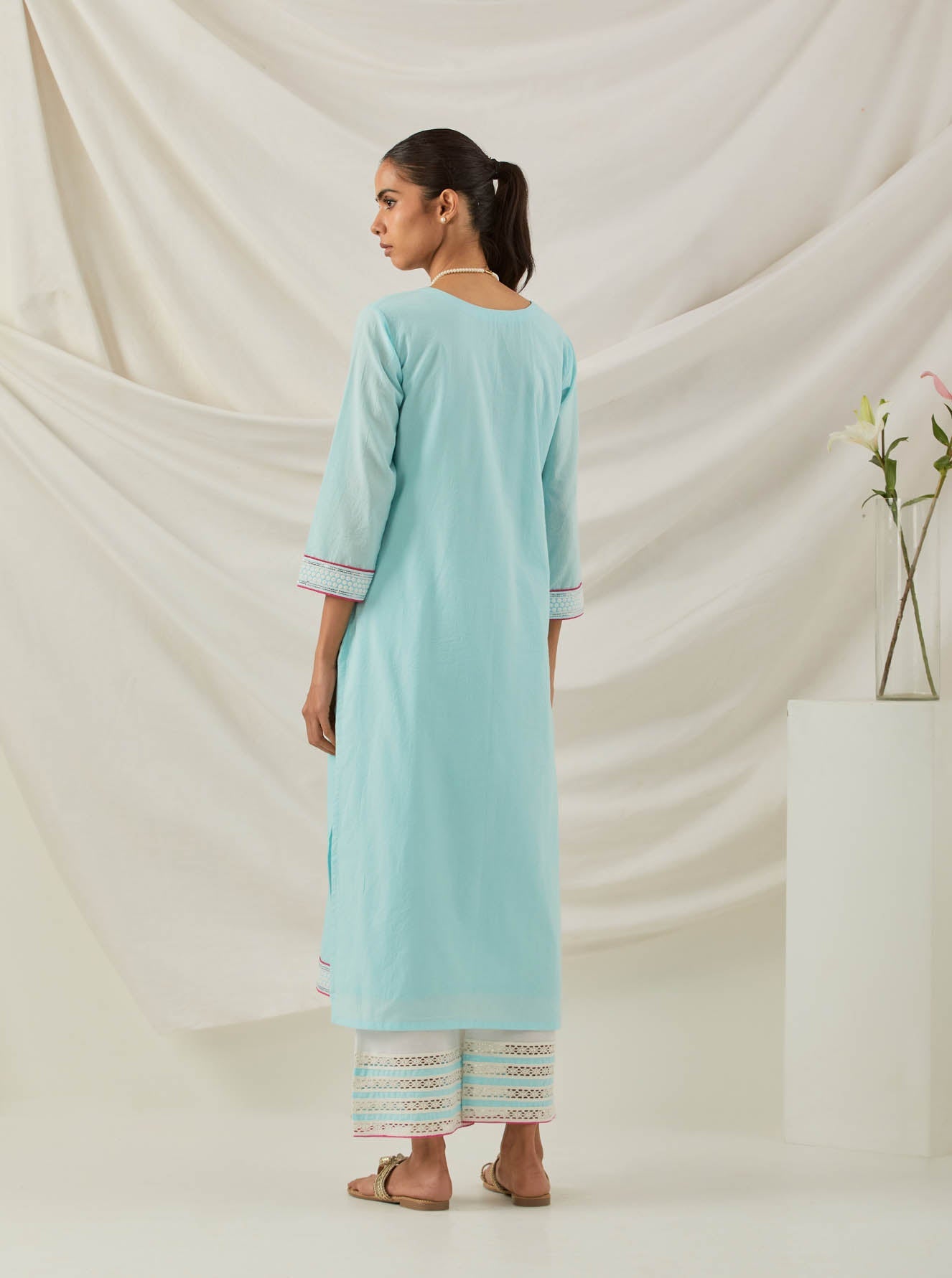 Blue Plain Rozana Straight Kurta With Chikankari Placket and Palazzo with wide lace detail & Dupatta (Set of 3) - The Indian Cause
