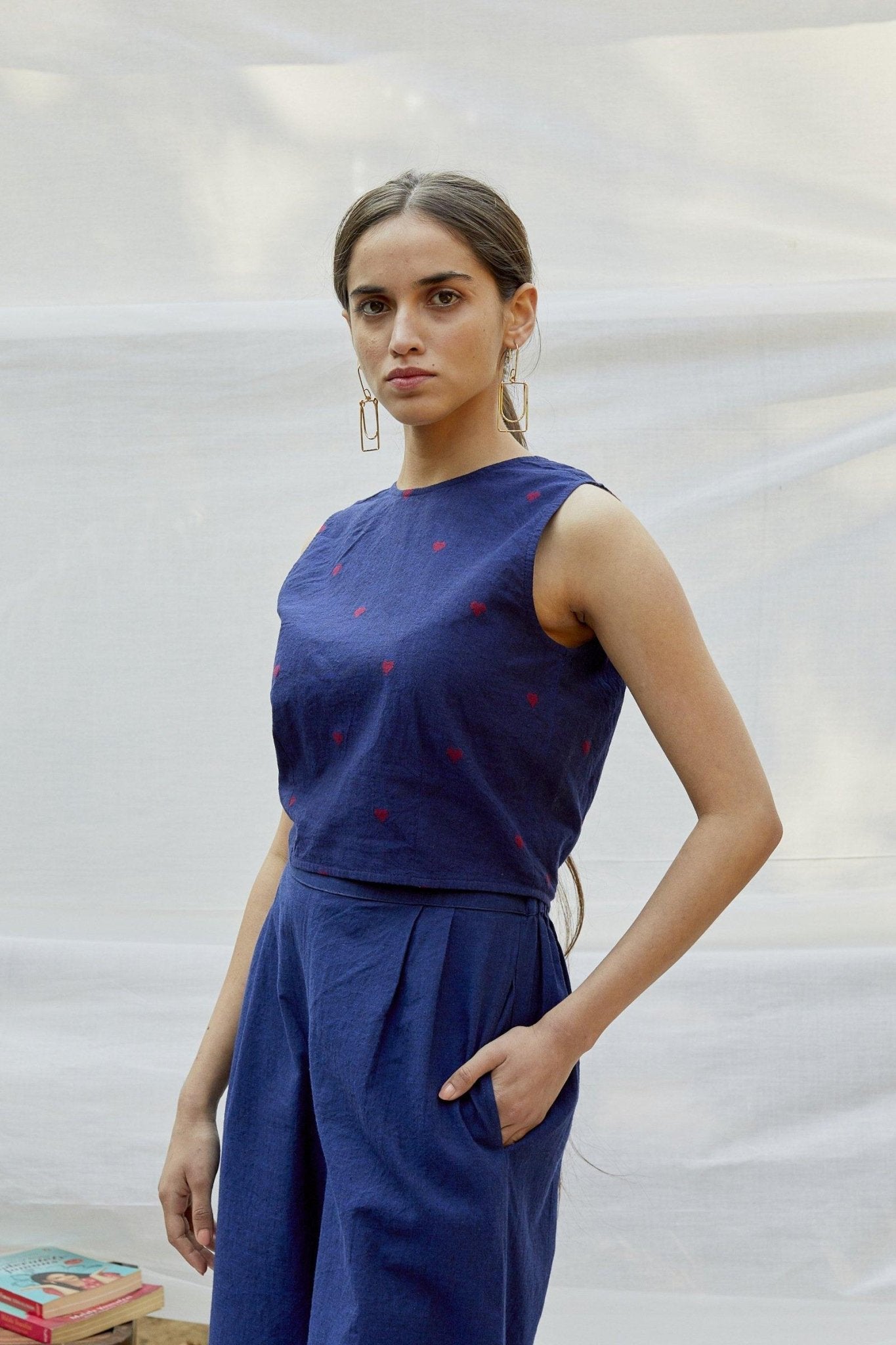 Blue Red Cotton Dobby Back Tie Top - The Indian Cause