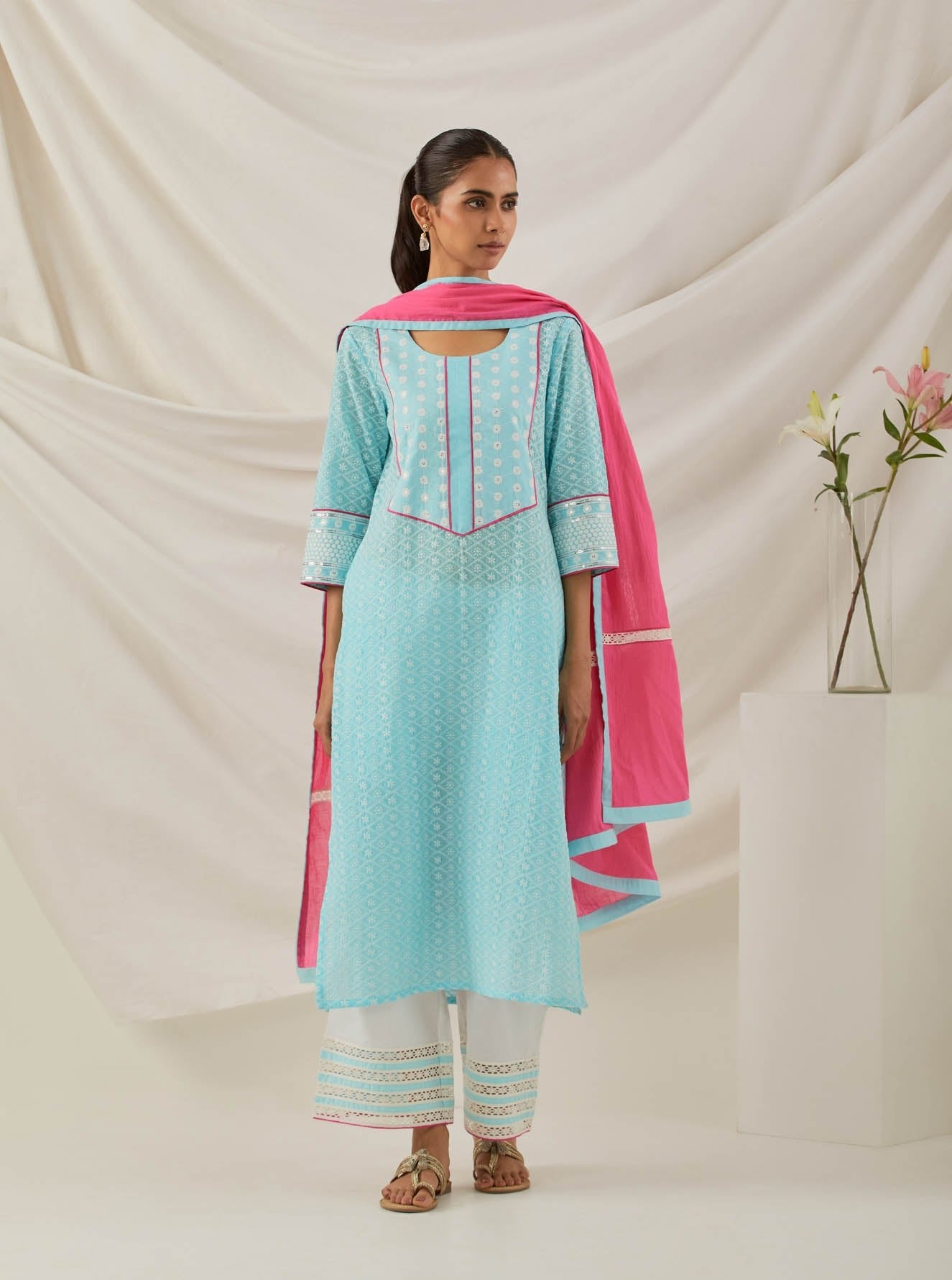 Blue Chikankari Rooh Straight Kurta and Palazzo with wide lace detail & Dupatta (Set of 3) - The Indian Cause