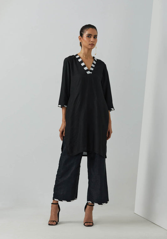 Black Chanderi Kali Short Kurta With Palazzo With Scarf (Set Of 3) - The Indian Cause