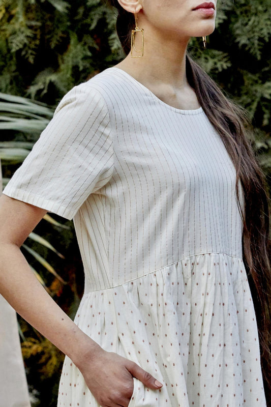 White Cotton Dobby Empire Dress With Zari Stripe - The Indian Cause