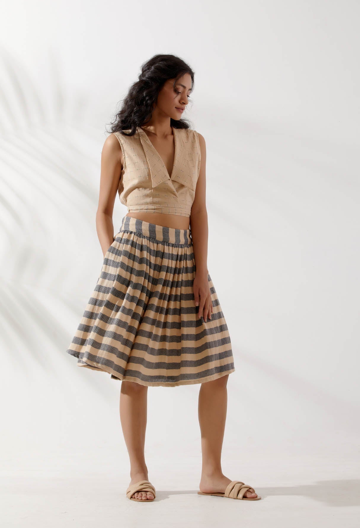 Beige Dobby Collared Crop Top - The Indian Cause