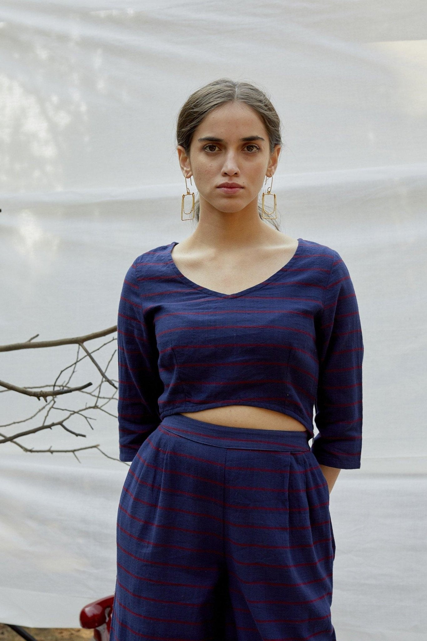 Blue Red Cotton Twill Stripe High Low Crop Top - The Indian Cause