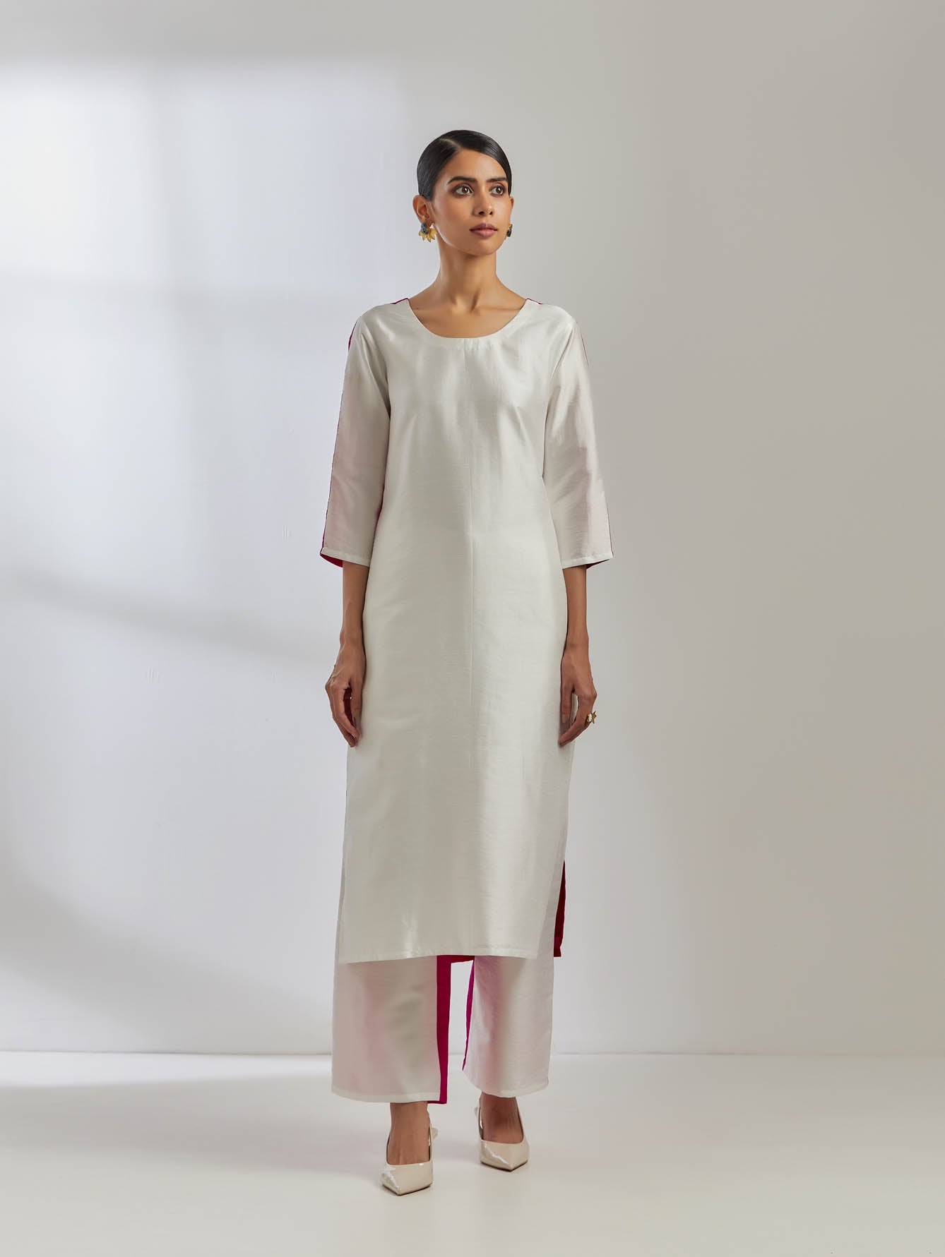 White/Pink Raw Silk Half And Half Kurta - The Indian Cause
