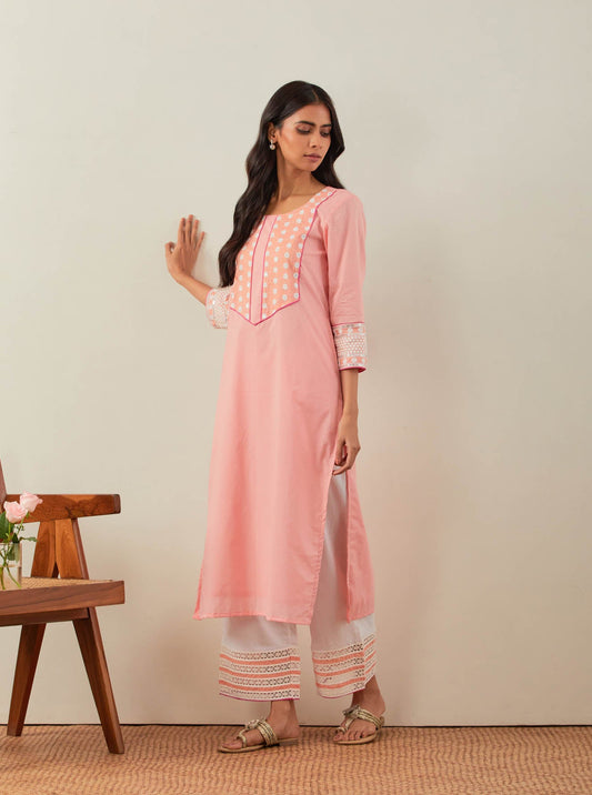 Peach Plain Rooh Straight Kurta With Chikankari Yoke Details and Palazzo with wide lace detail (Set of 2) - The Indian Cause