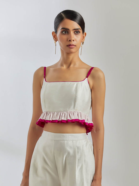 White Raw Silk Rigel Top With White Palazzo (Set Of 2) - The Indian Cause