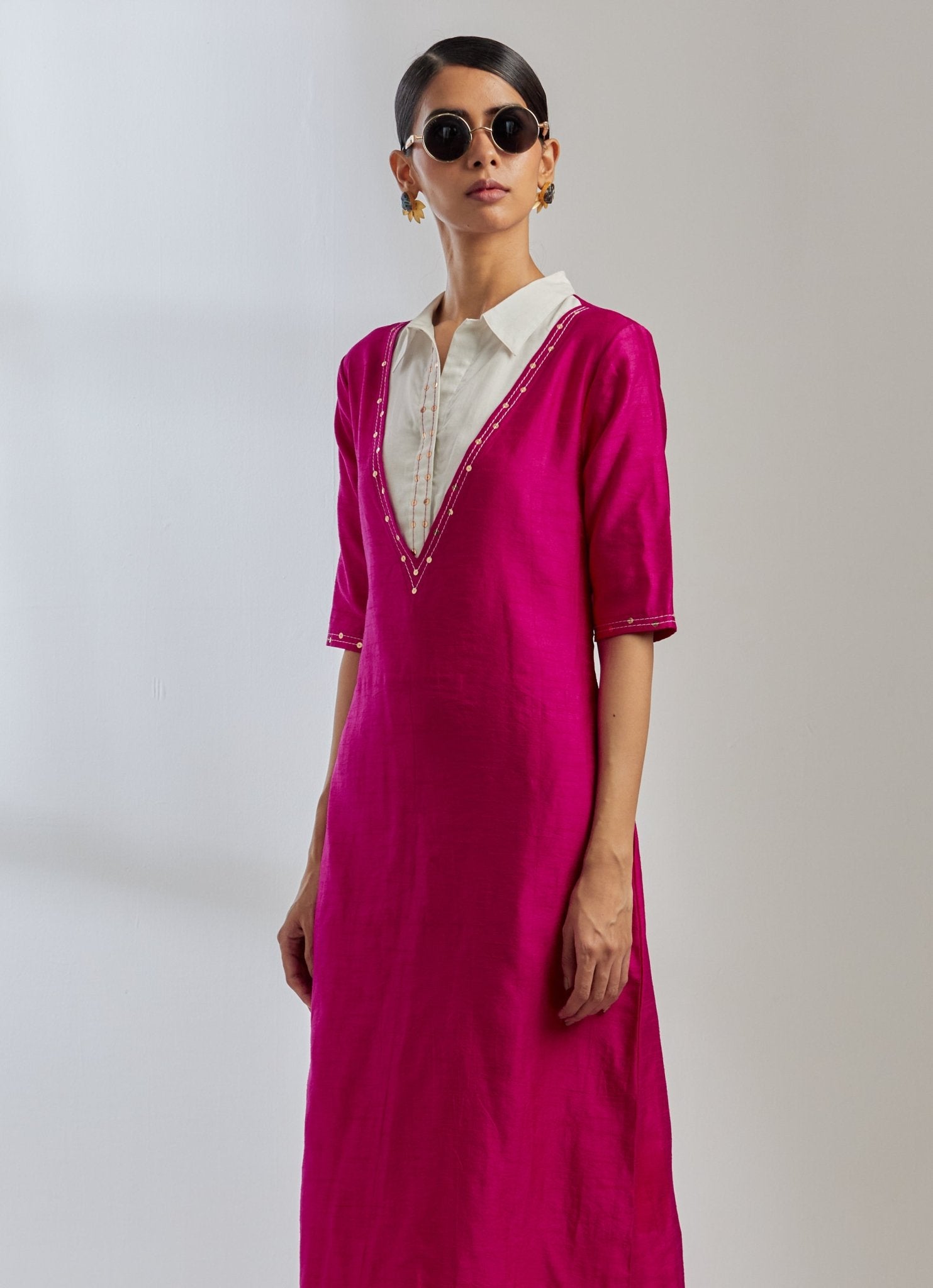 Pink Raw Silk Collared Kurta - The Indian Cause
