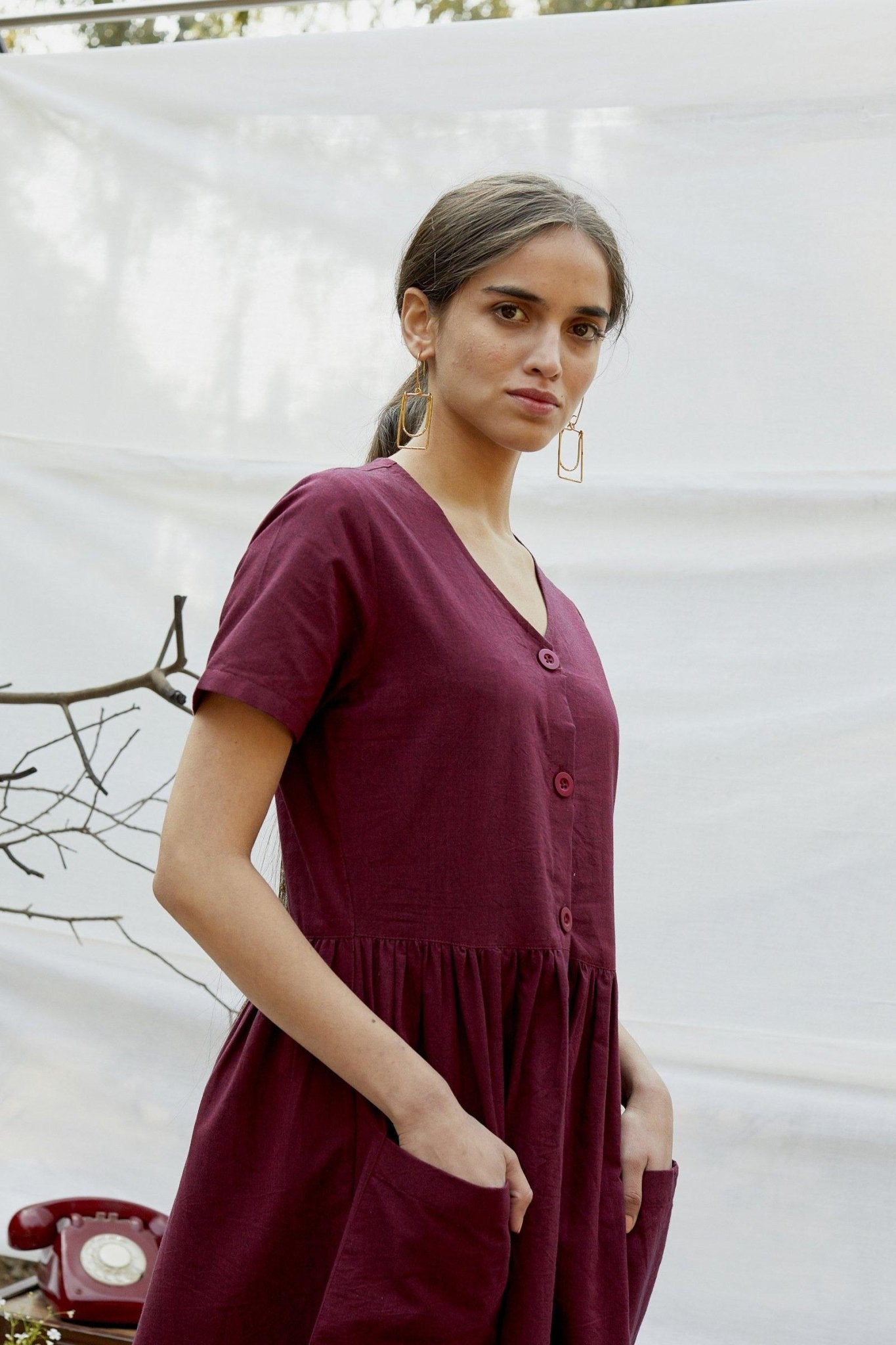 Maroon Cotton Chambray Long Shirt Dress - The Indian Cause