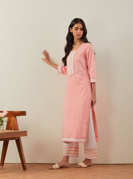 Peach Plain Rozana Straight Kurta With Chikankari Placket and Palazzo with wide lace detail (Set of 2) - The Indian Cause