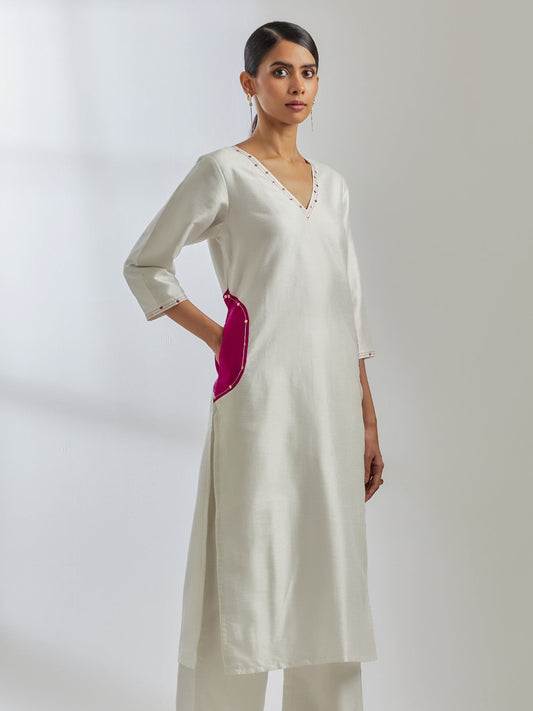 White Raw Silk Mira Kurta - The Indian Cause