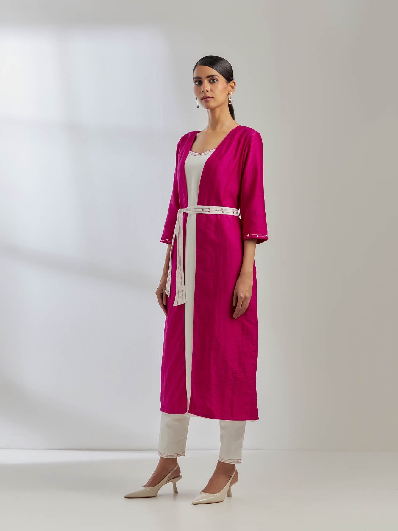 White Silk Strappy Kurta With White Pant And Pink Raw Silk Cape(Set Of 3) - The Indian Cause