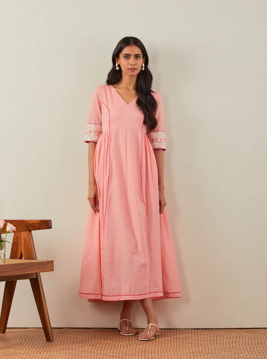 Peach Plain Markab Anarkali Dress With Chikankari Border - The Indian Cause