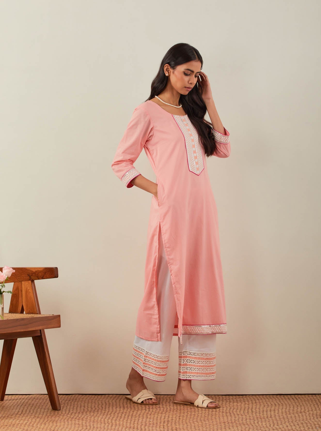 Peach Plain Rozana Straight Kurta With Chikankari Placket and Palazzo with wide lace detail (Set of 2) - The Indian Cause