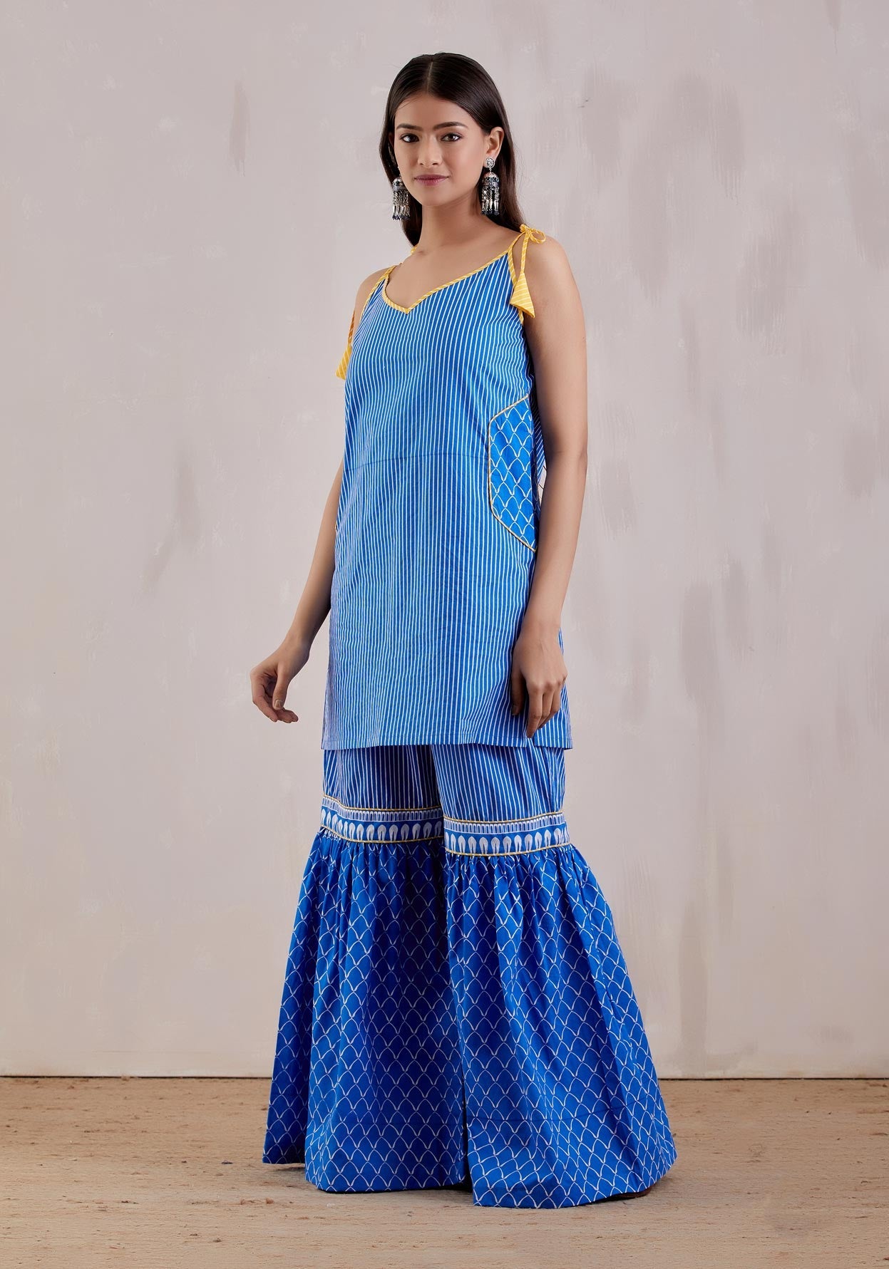 Blue Cotton Printed Strappy Kurta with Sharara and Dupatta (Set of 3) - The Indian Cause