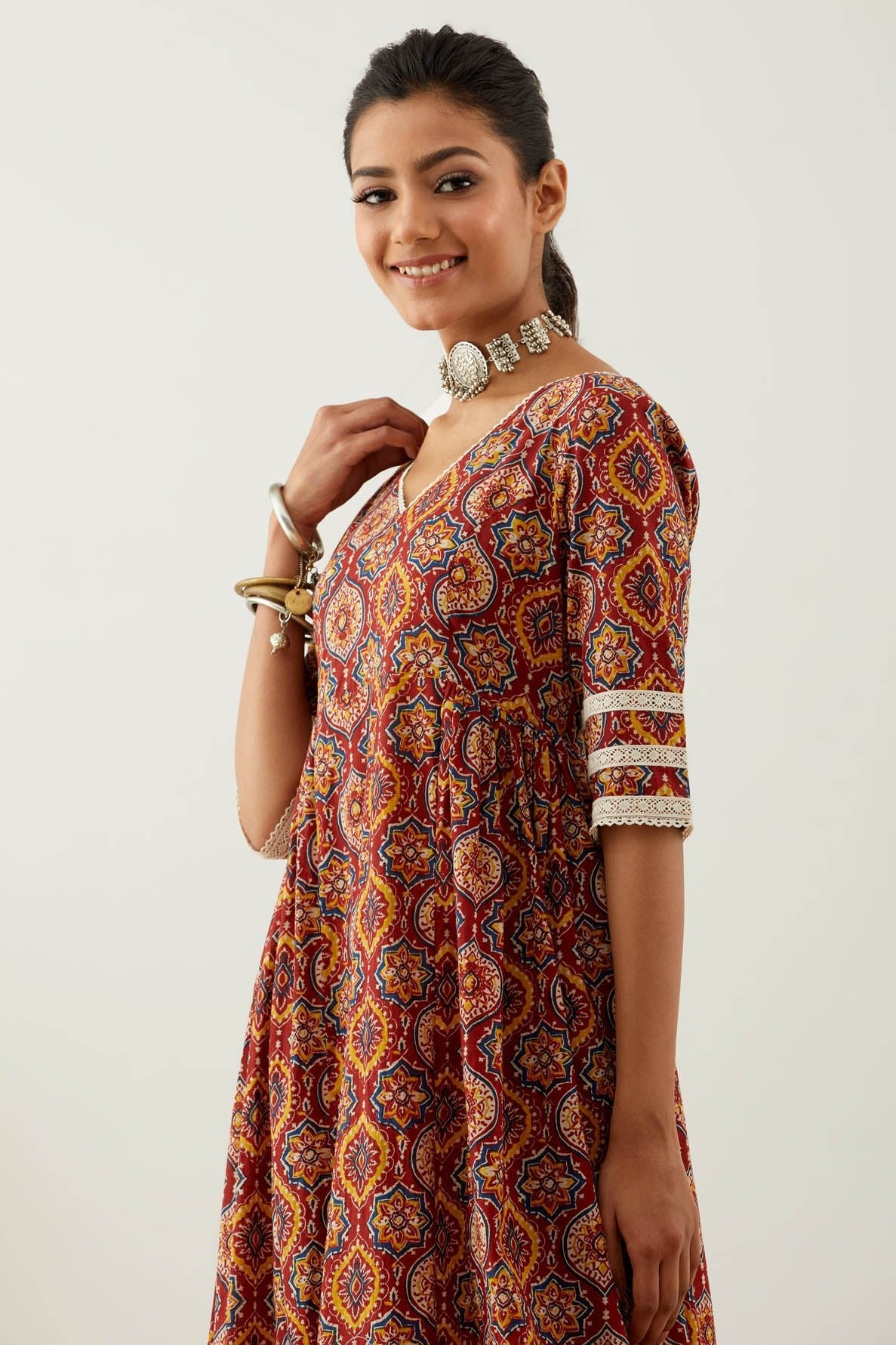 Red Cotton Printed Markab Anarkali Kurta Set (Set of 3) - The Indian Cause