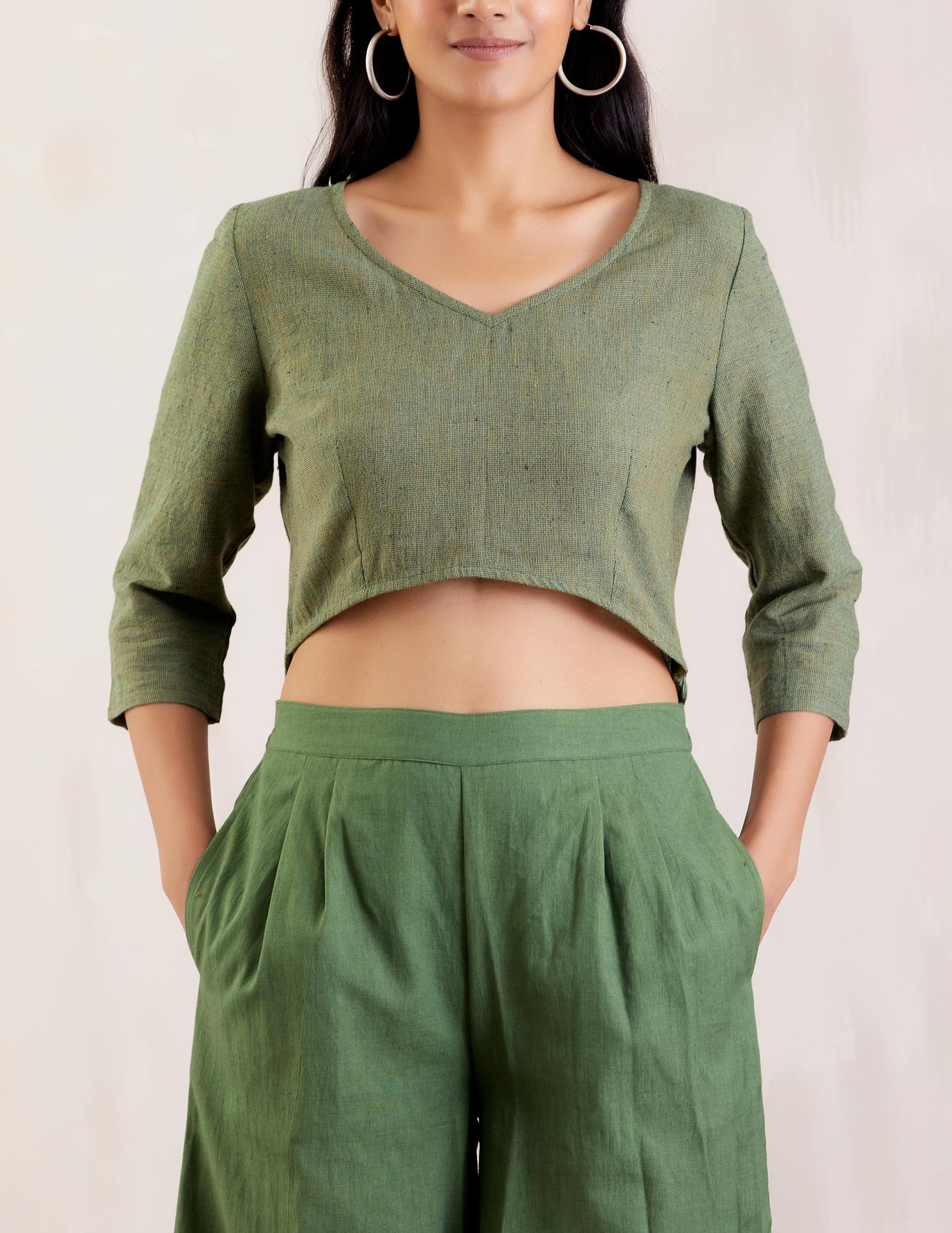 Textured Green Cotton Crop Top Co-Ord Set - The Indian Cause