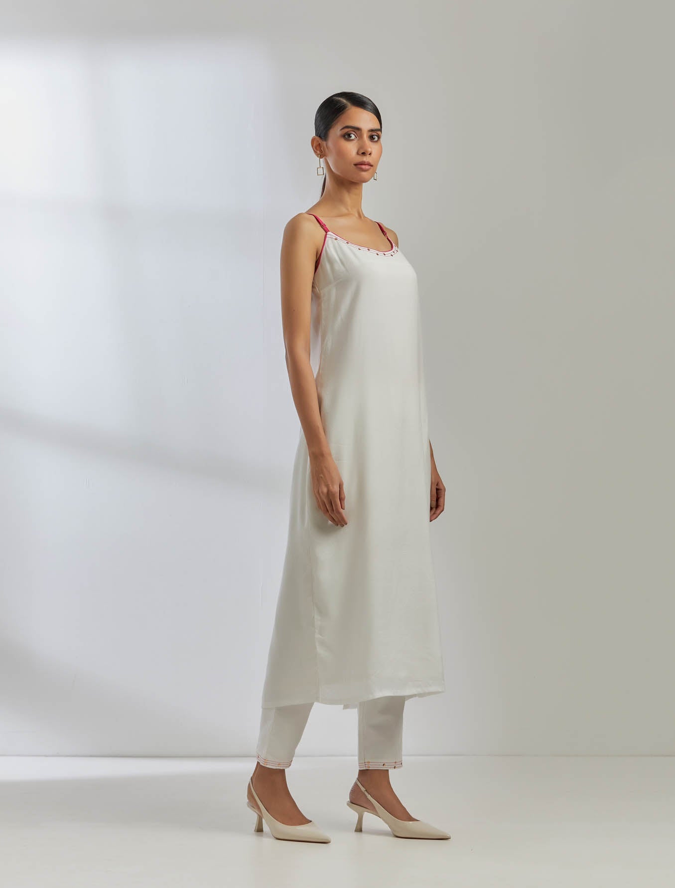 White Silk Strappy Kurta With White Pant (Set Of 2) - The Indian Cause