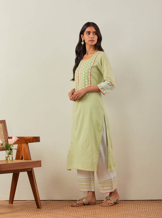 Green Plain Rooh Straight Kurta With Chikankari Yoke Details and Palazzo with wide lace detail (Set of 2) - The Indian Cause