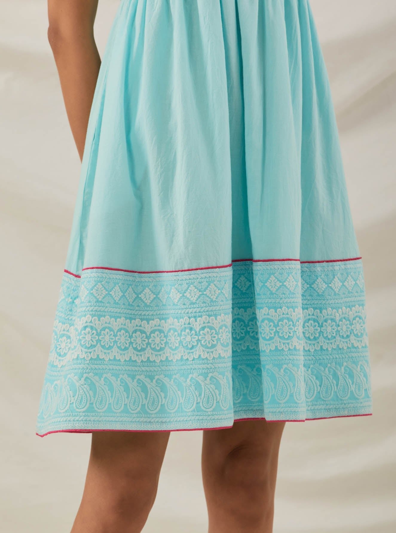 Blue Plain Amore Placket Short Dress With Chikankari Border - The Indian Cause