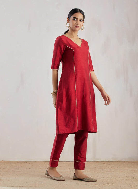 Red Markab Kurta with Pant (Set of 2) - The Indian Cause