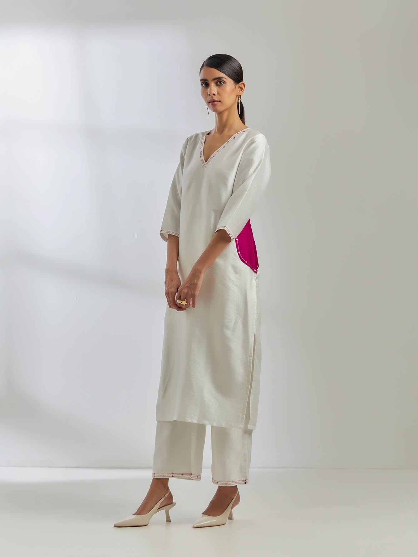 White Raw Silk Mira Kurta With White Palazzo (Set Of 2) - The Indian Cause