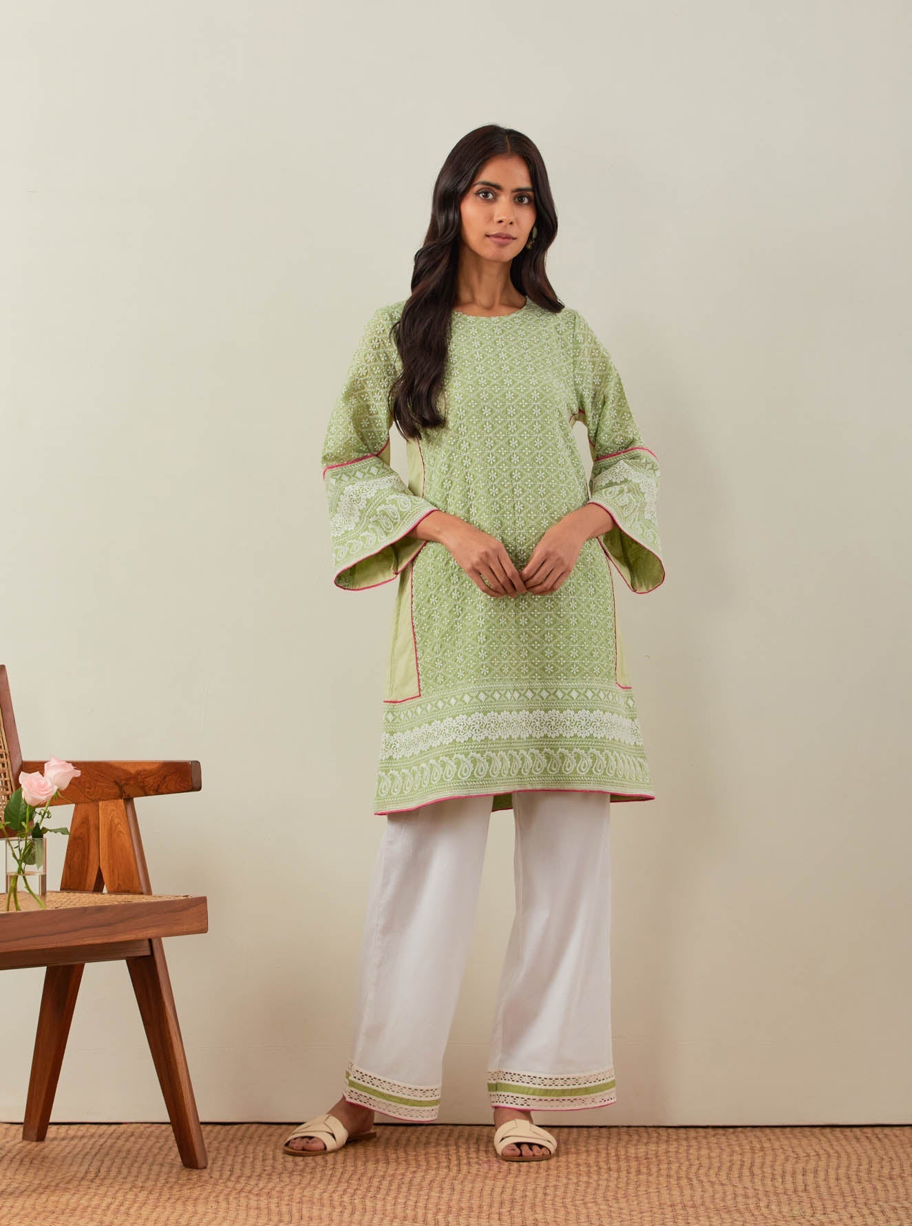Green Chikankari Pak Wide Arm Kurta and Palazzo with lace detail (Set of 2) - The Indian Cause