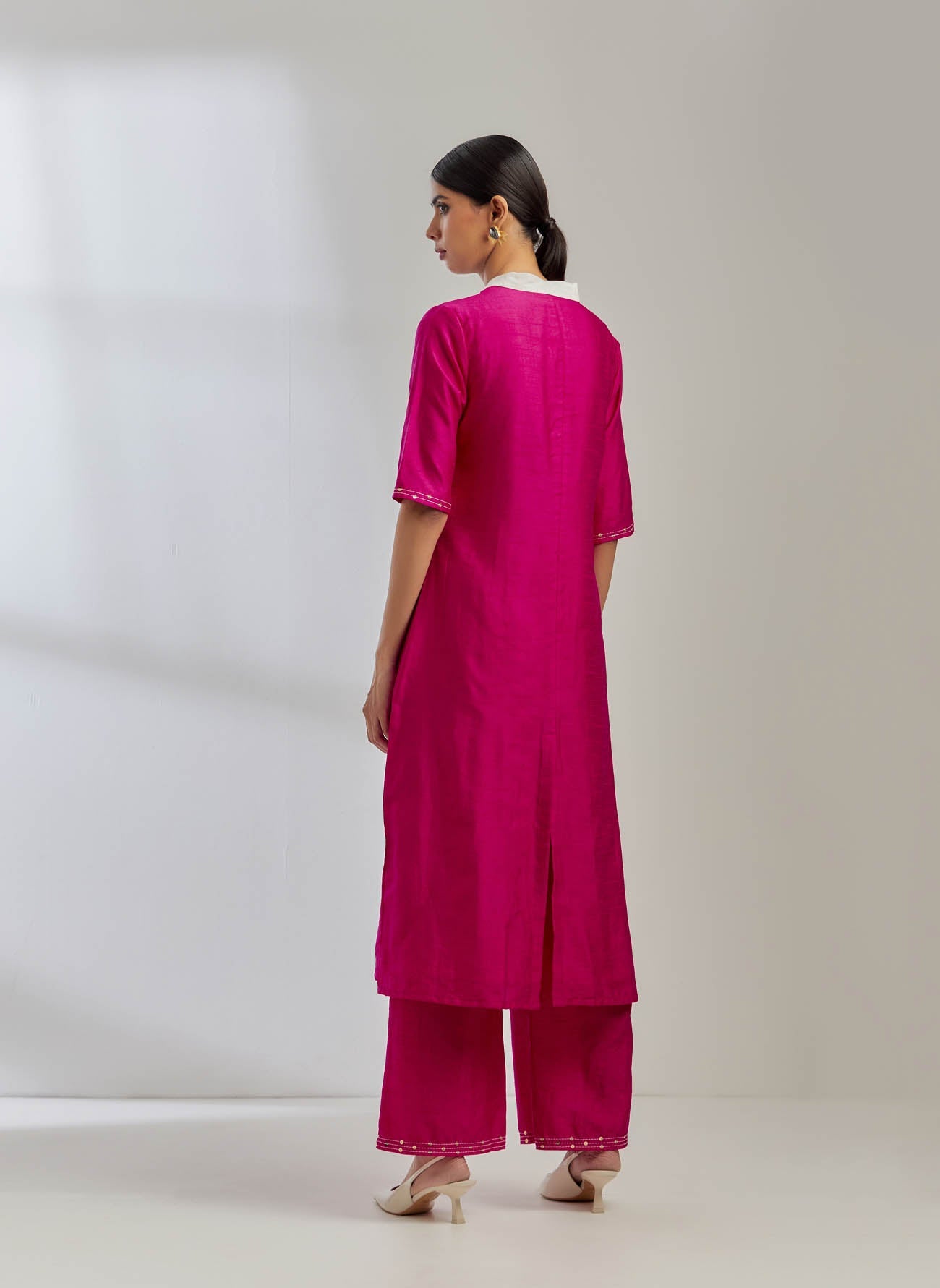 Pink Raw Silk Collared Kurta With Pink Palazzo (Set Of 2) - The Indian Cause