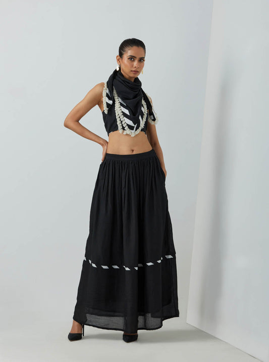Black Chanderi Zade Bralette With Full Length Skirt And Scarf (Set Of 3) - The Indian Cause