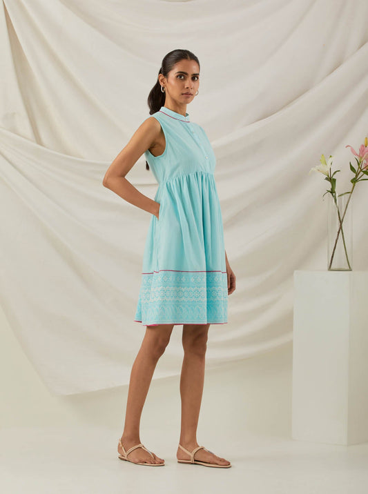 Blue Plain Amore Placket Short Dress With Chikankari Border - The Indian Cause