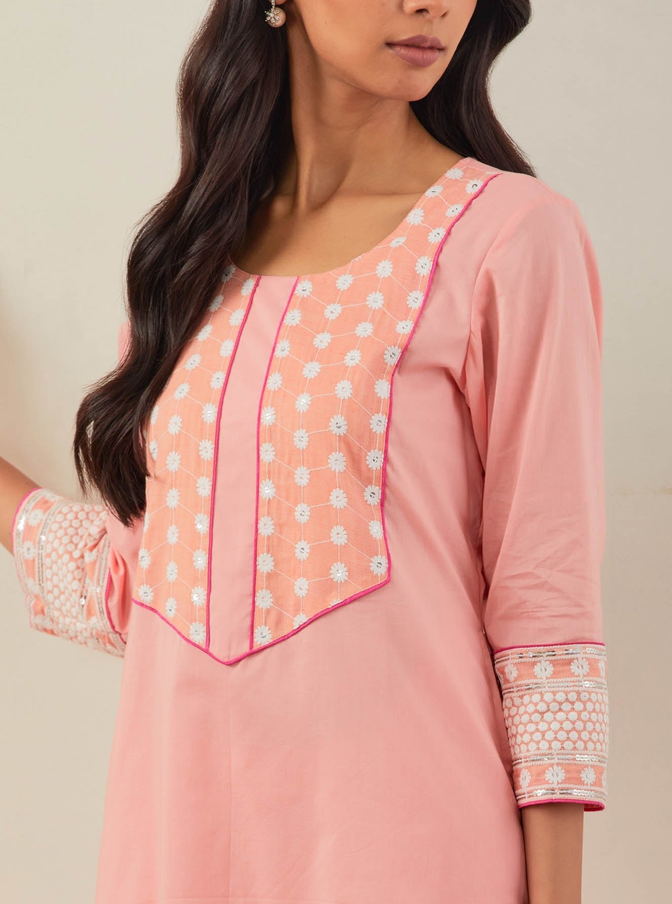 Peach Plain Rooh Straight Kurta With Chikankari Yoke Details and Palazzo with wide lace detail & Dupatta (Set of 3) - The Indian Cause