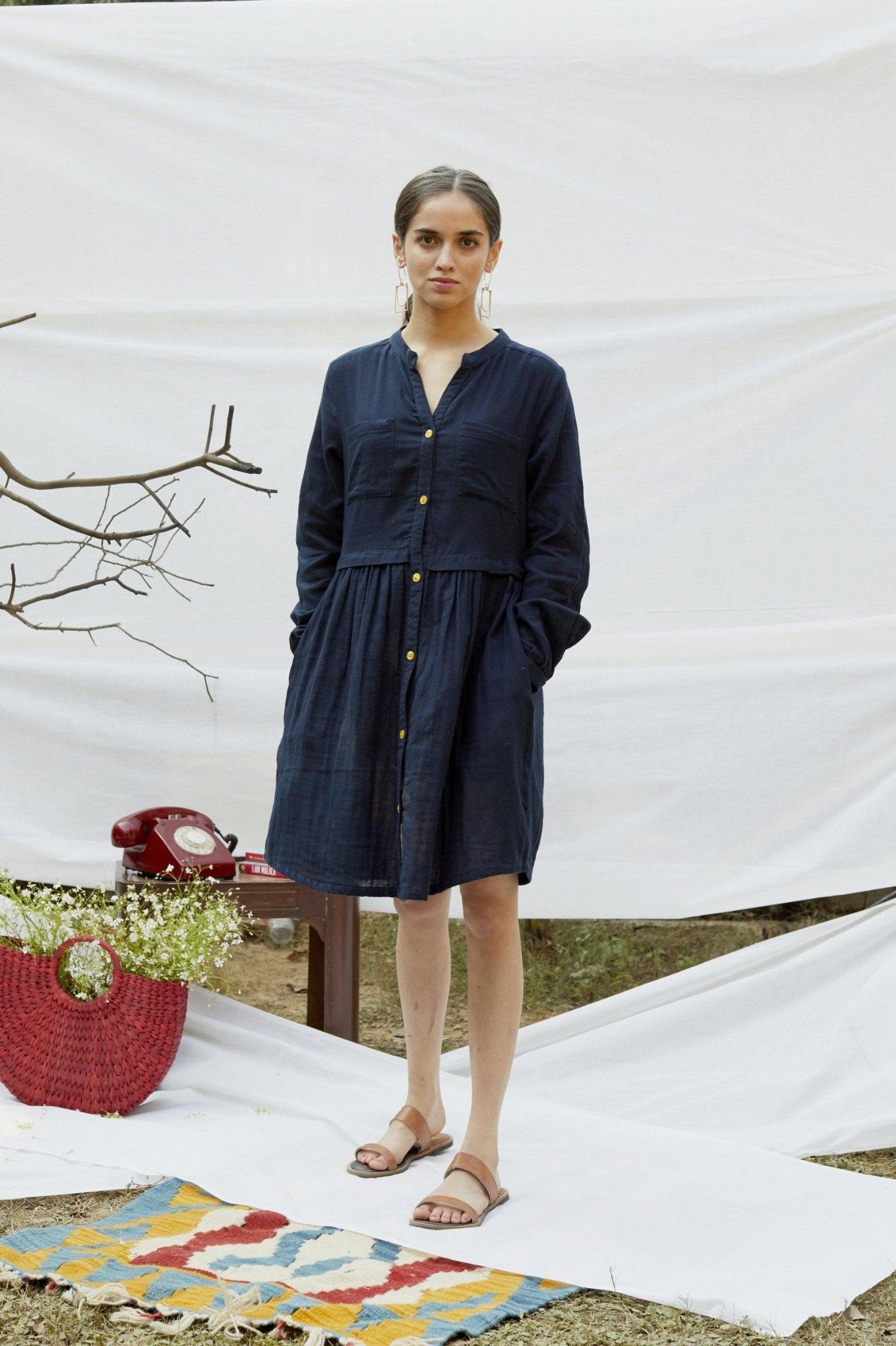 Blue Cotton Double Fabric Shirt Dress - The Indian Cause