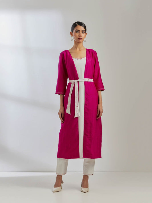 White Silk Strappy Kurta With White Pant And Pink Raw Silk Cape(Set Of 3) - The Indian Cause