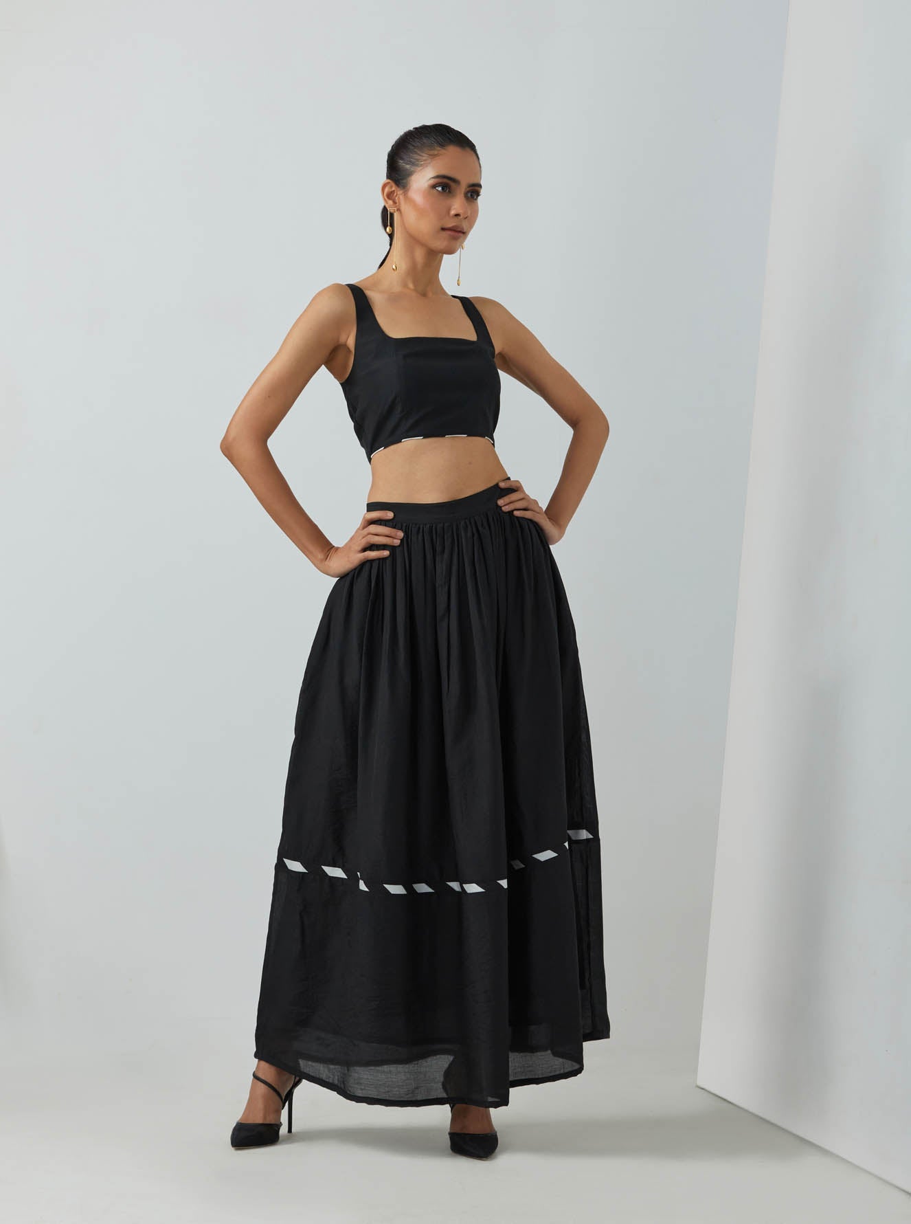 Black Chanderi Zade Bralette With Full Length Skirt And Overlay (Set Of 3) - The Indian Cause