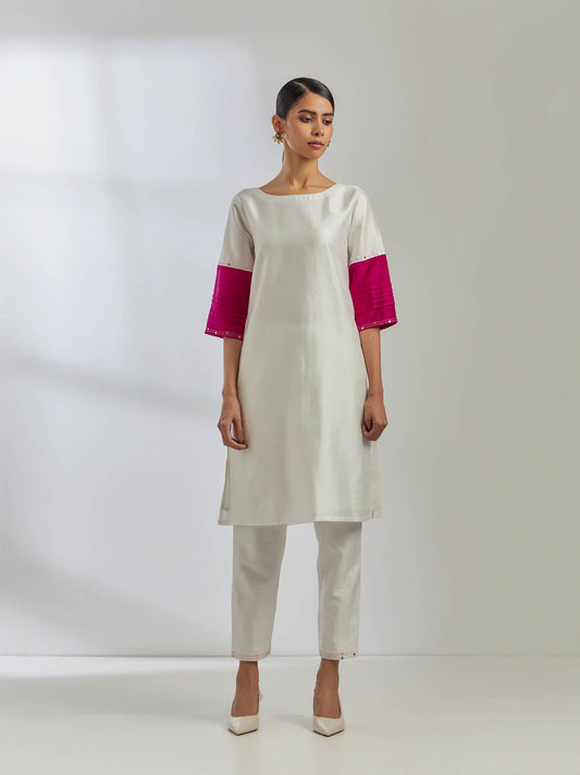 White Raw Silk Jenifer Kurta With White Pant (Set Of 2) - The Indian Cause