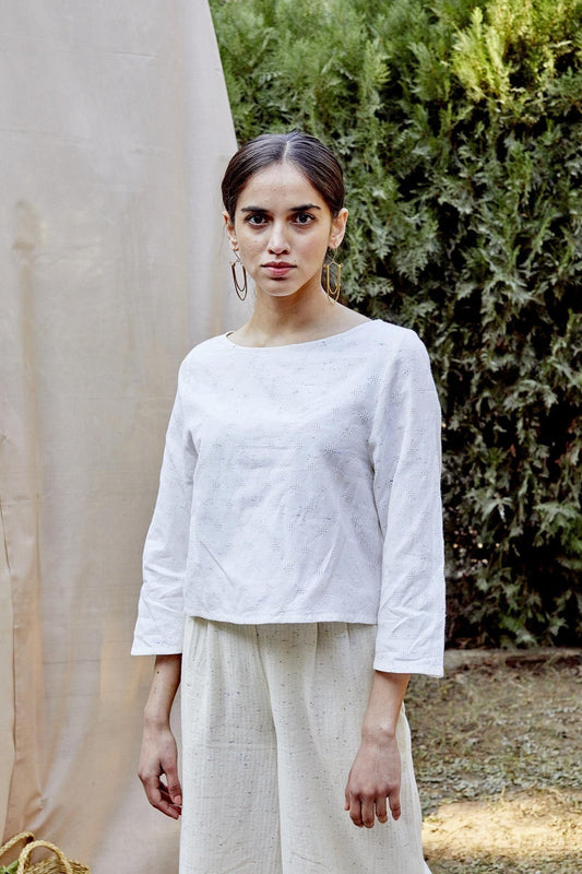 White Cotton Neps Relaxed Top - The Indian Cause