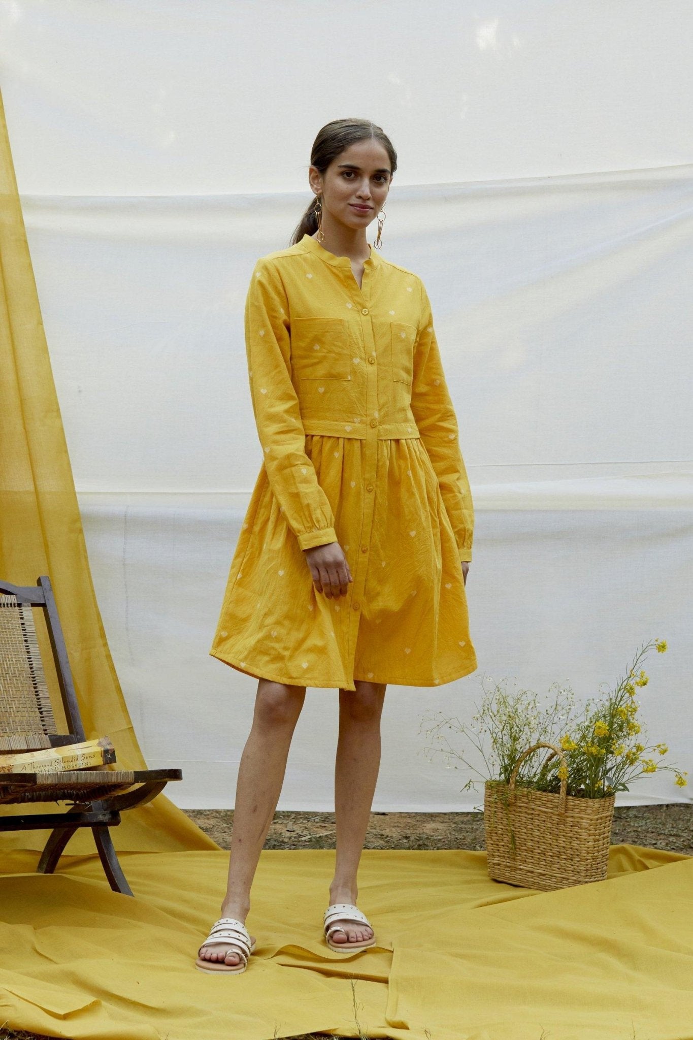 Yellow Cotton Dobby Shirt Dress - The Indian Cause