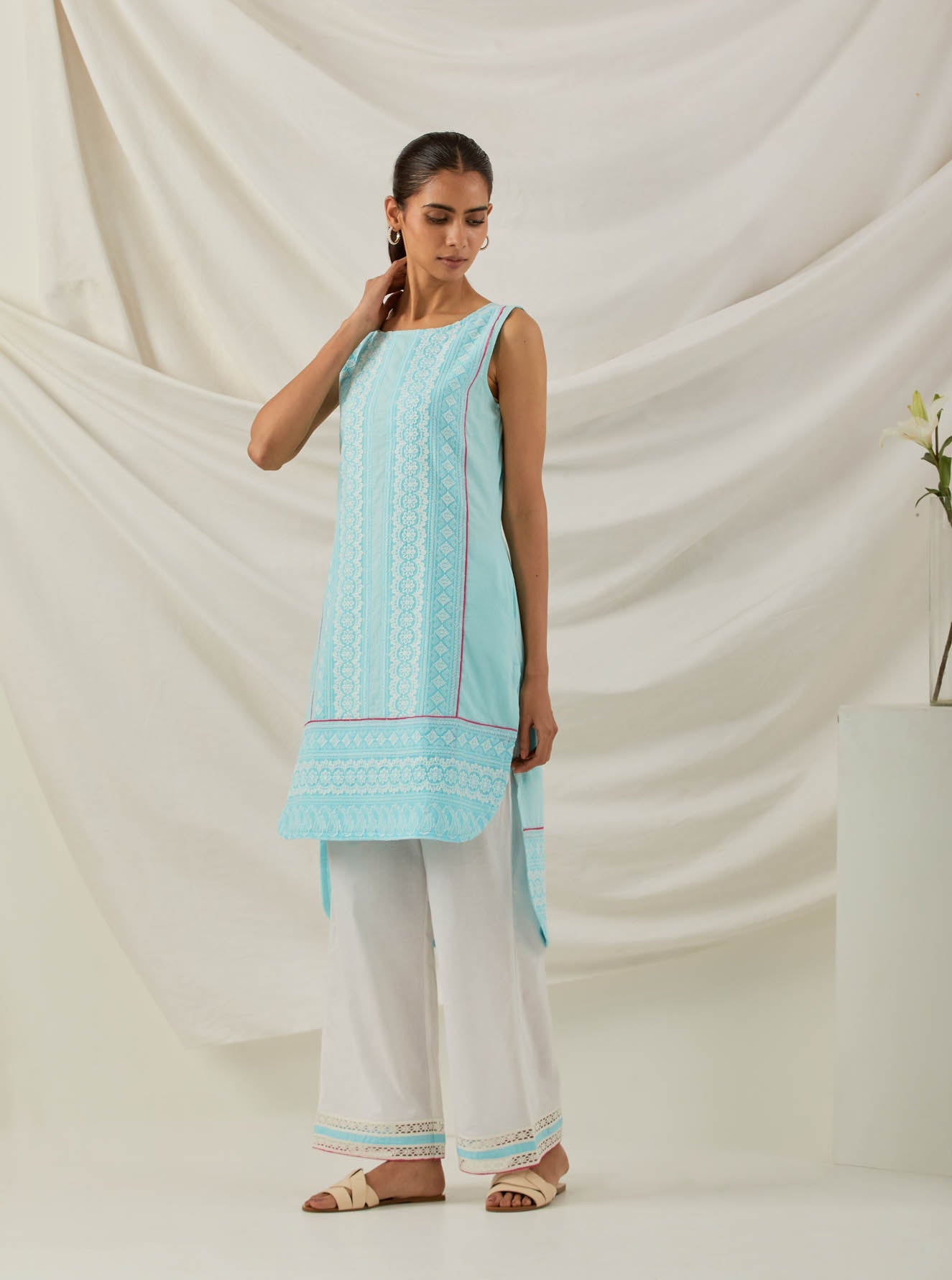 Blue Chikankari Afroza High Low Kurta and Palazzo with lace detail (Set of 2) - The Indian Cause