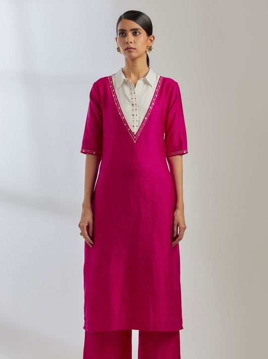 Pink Raw Silk Collared Kurta - The Indian Cause