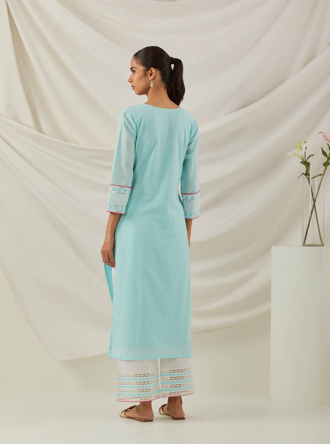 Blue Plain Rooh Straight Kurta With Chikankari Yoke Details and Palazzo with wide lace detail (Set of 2) - The Indian Cause