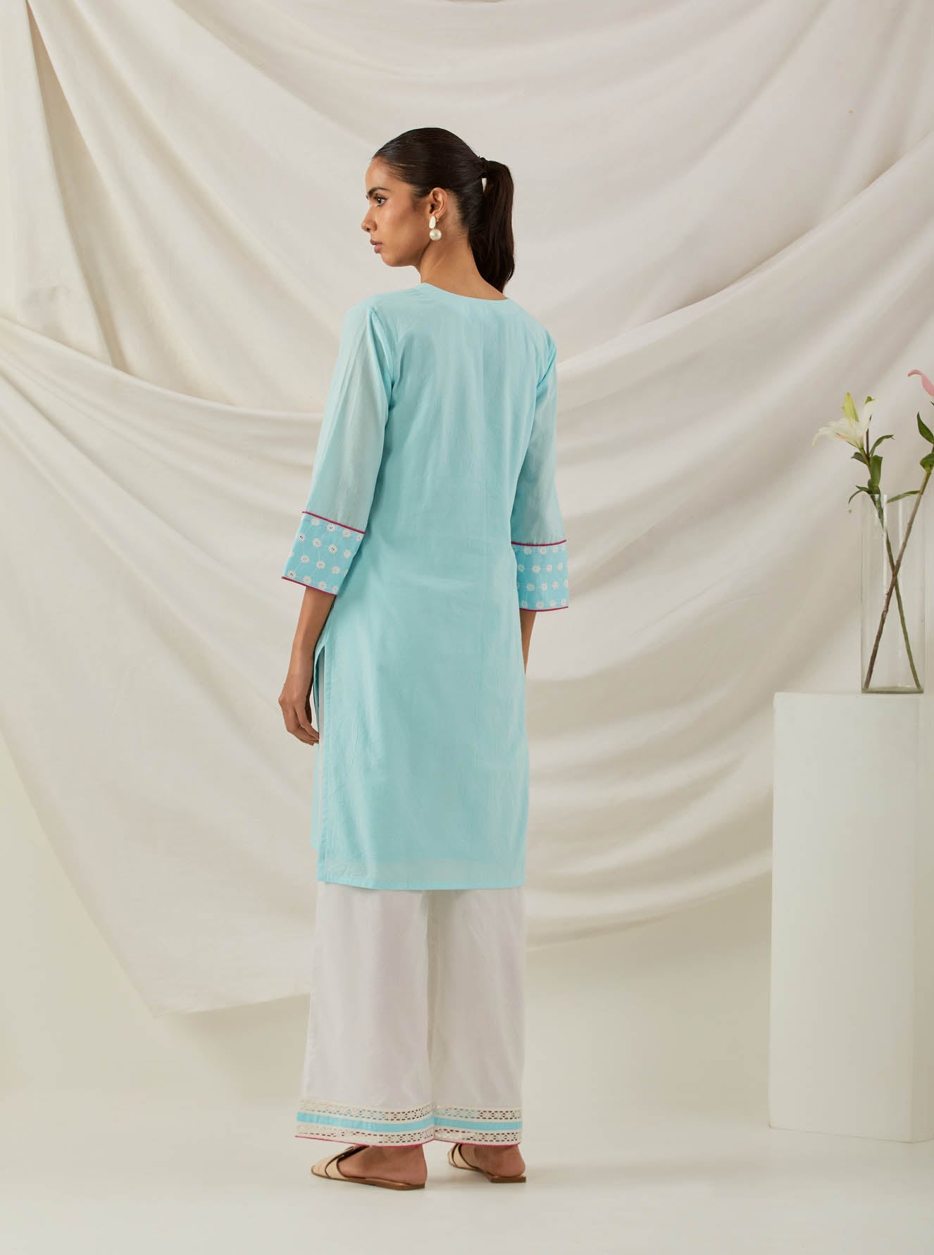 Blue Plain Kali Short Kurta With Chikankari Detail and Palazzo with lace detail (Set of 2) - The Indian Cause
