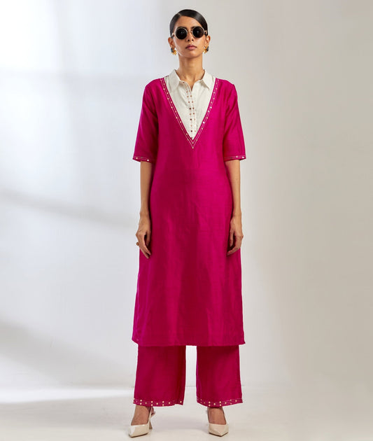 Pink Raw Silk Collared Kurta With Pink Palazzo (Set Of 2) - The Indian Cause