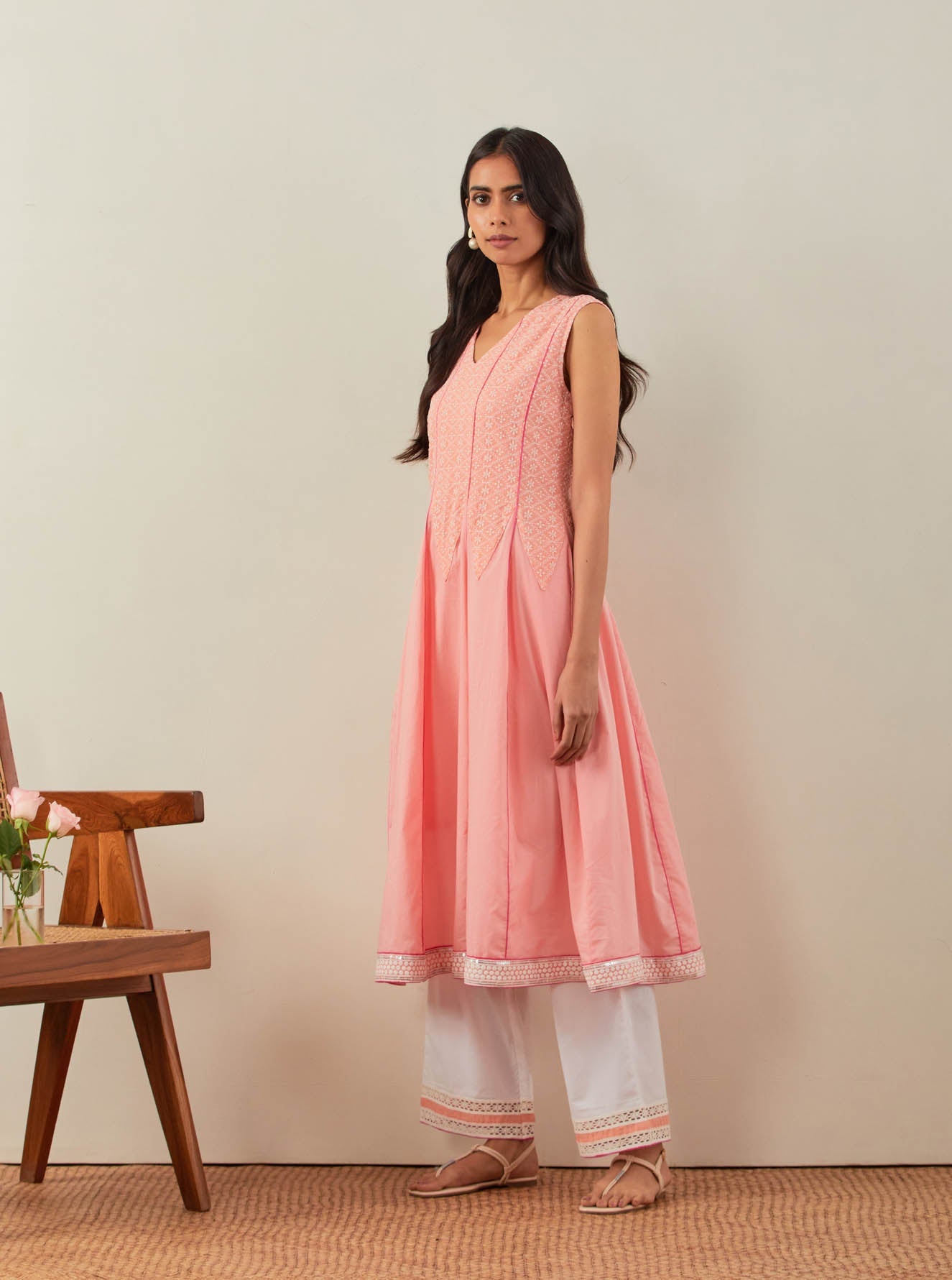 Peach Chikankari Mastani Kalidar A-Line Kurta and Palazzo with lace detail & Dupatta (Set of 3) - The Indian Cause