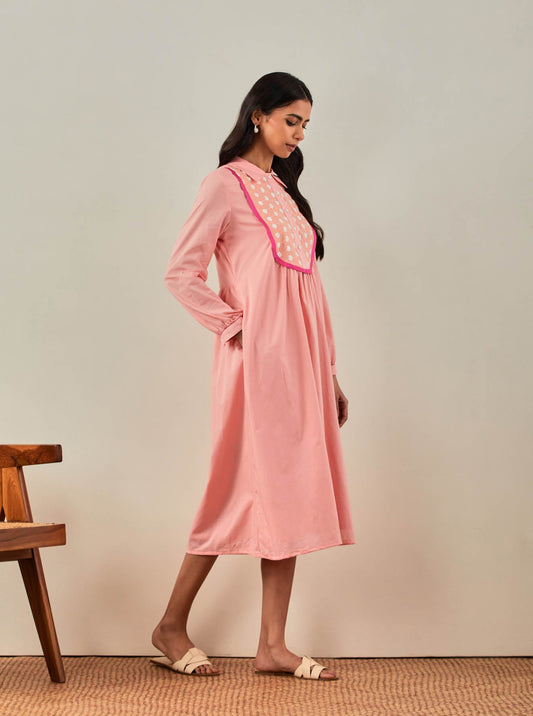 Peach Plain Zaid Collared Long Dress With Chikankari Yoke - The Indian Cause