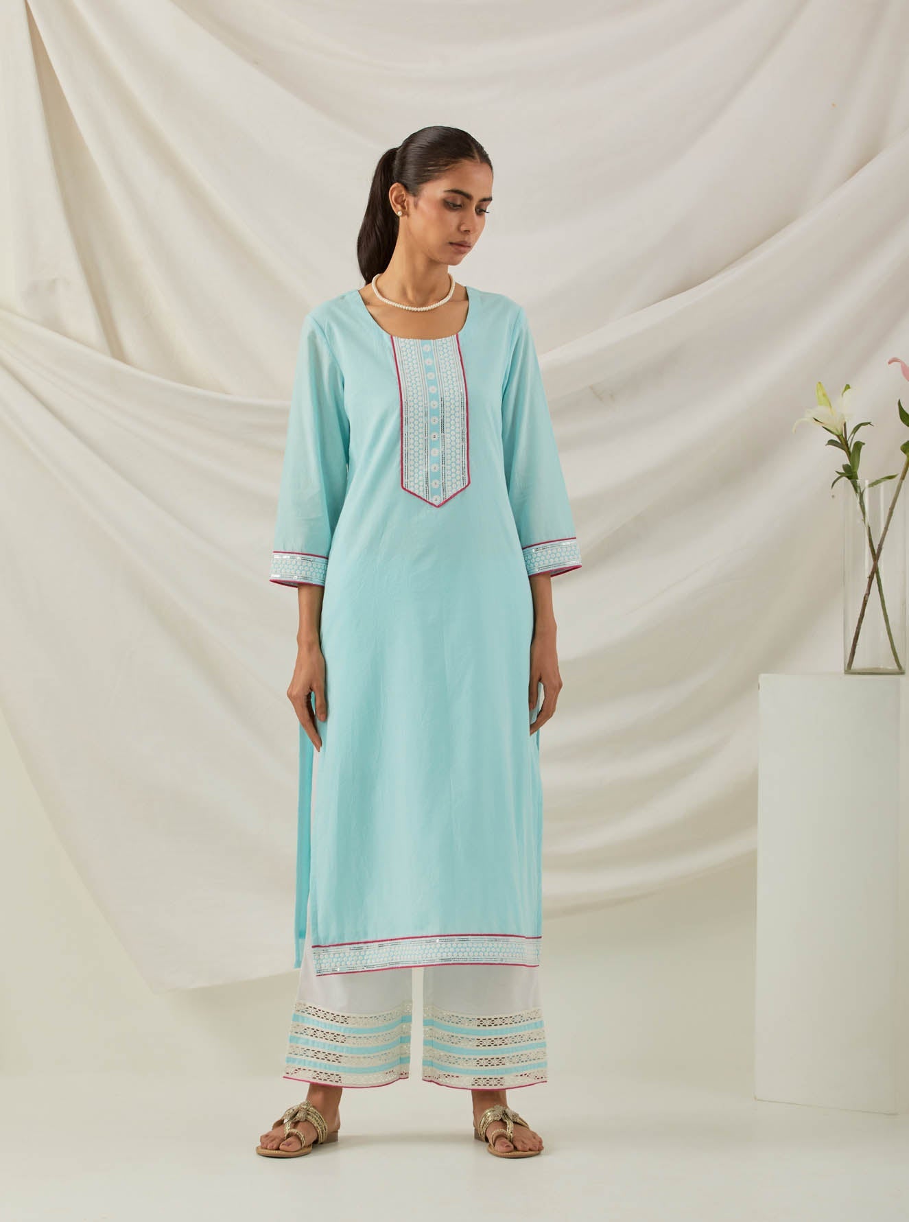 Blue Plain Rozana Straight Kurta With Chikankari Placket - The Indian Cause