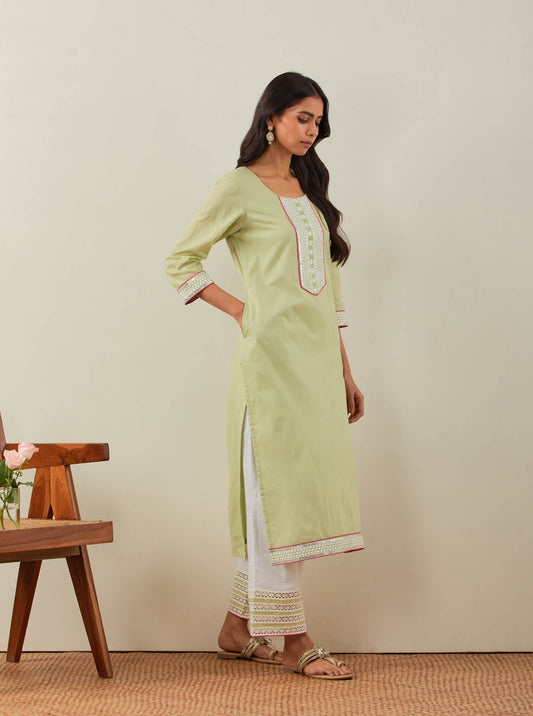 Green Plain Rozana Straight Kurta With Chikankari Placket and Palazzo with wide lace detail (Set of 2) - The Indian Cause